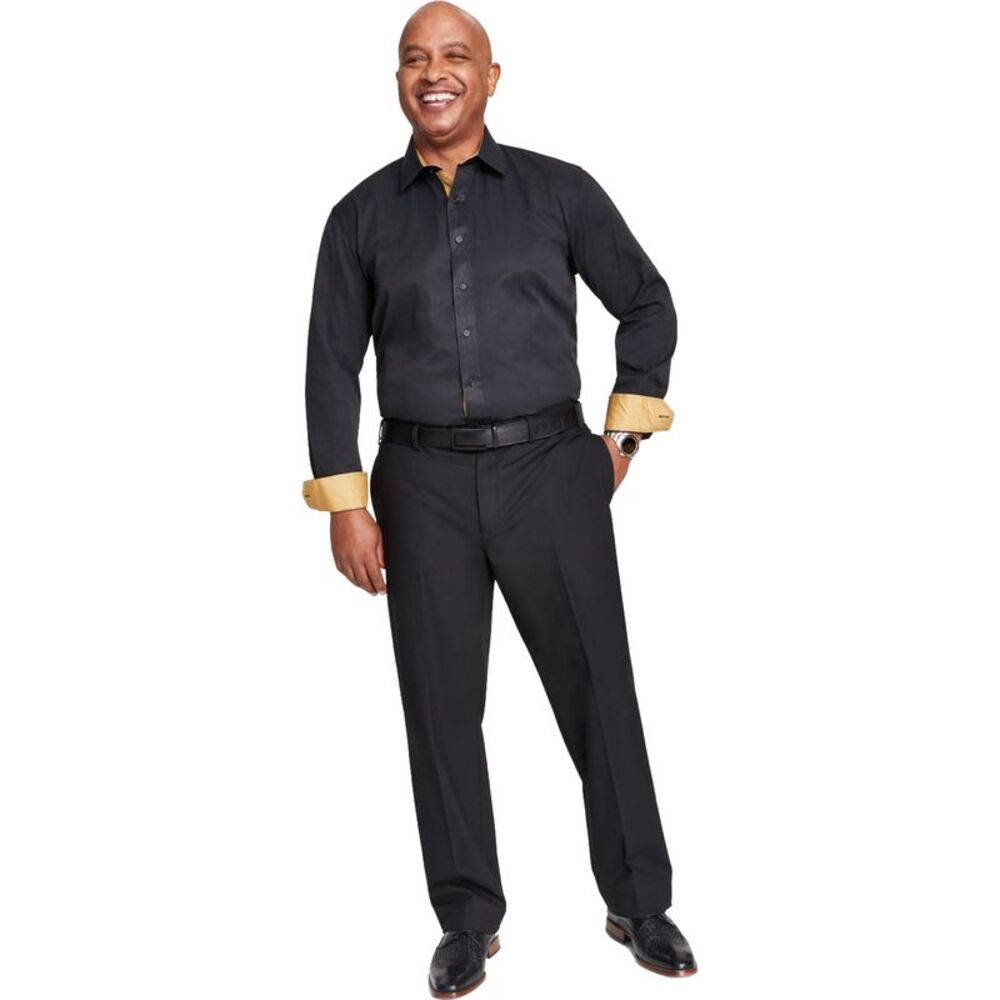 Tayion Collection Mens Slim-Fit Gold Trim Solid Button Down Dress Shirt, , 15...